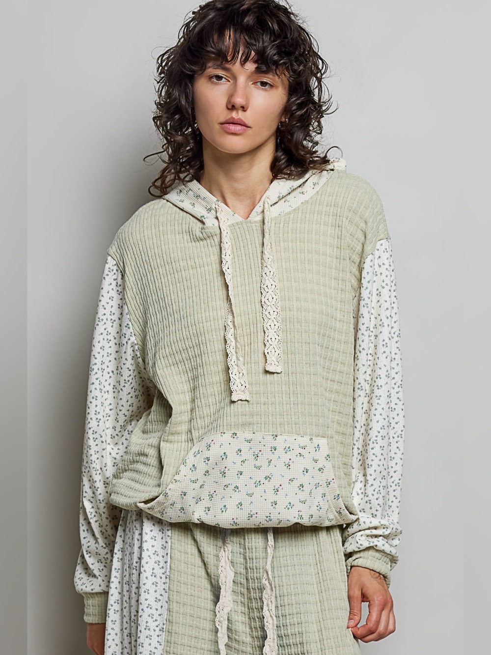 POL Light Sage Green and Ivory Patchwork Hoodie